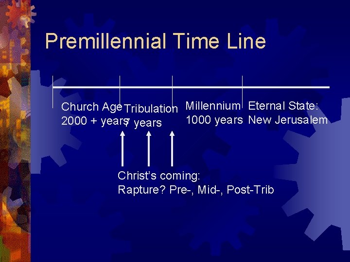 Premillennial Time Line Church Age Tribulation Millennium Eternal State: 1000 years New Jerusalem 2000