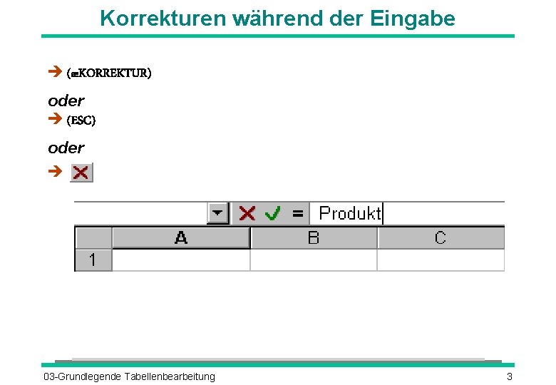 Korrekturen während der Eingabe è (æKORREKTUR) oder è (ESC) oder è 03 -Grundlegende Tabellenbearbeitung