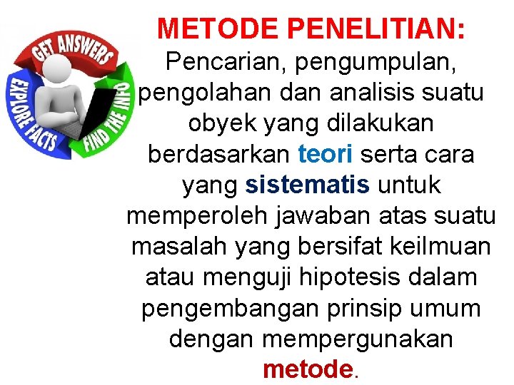 METODE PENELITIAN: Pencarian, pengumpulan, pengolahan dan analisis suatu obyek yang dilakukan berdasarkan teori serta