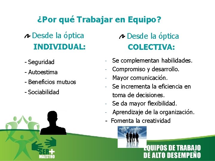 ¿Por qué Trabajar en Equipo? Desde la óptica INDIVIDUAL: - Seguridad - Autoestima -