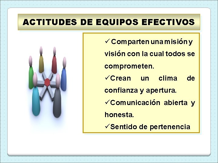 ACTITUDES DE EQUIPOS EFECTIVOS ü Comparten una misión y visión con la cual todos