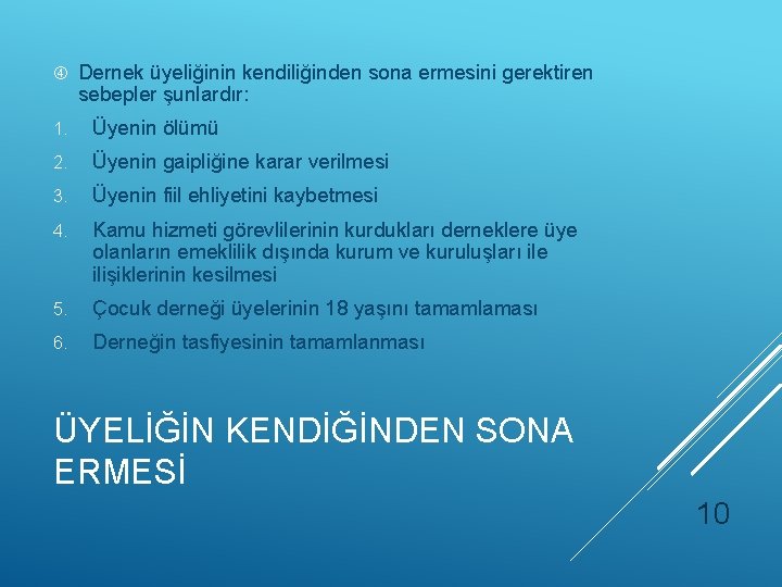  Dernek üyeliğinin kendiliğinden sona ermesini gerektiren sebepler şunlardır: 1. Üyenin ölümü 2. Üyenin