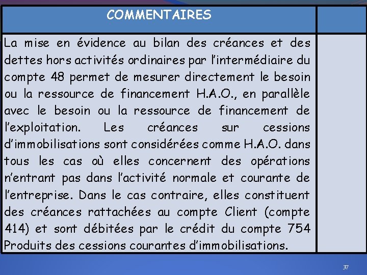 COMMENTAIRES La mise en évidence au bilan des créances et des dettes hors activités