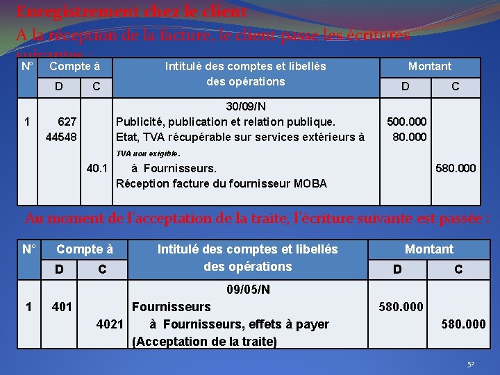 Enregistrement chez le client A la réception de la facture, le client passe les