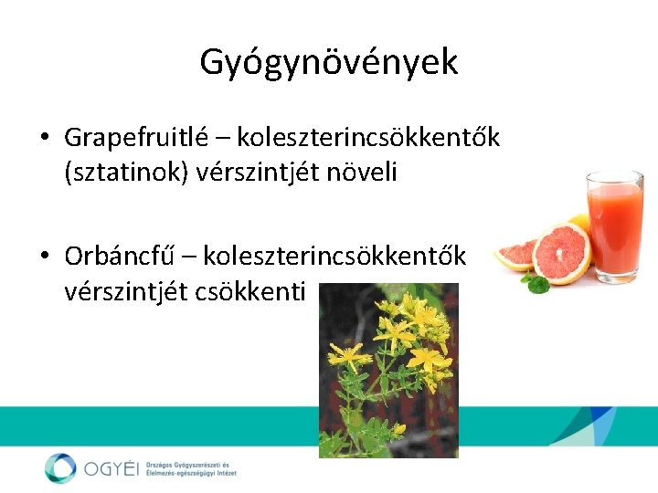 Gyógynövények • Grapefruitlé – koleszterincsökkentők (sztatinok) vérszintjét növeli • Orbáncfű – koleszterincsökkentők vérszintjét csökkenti