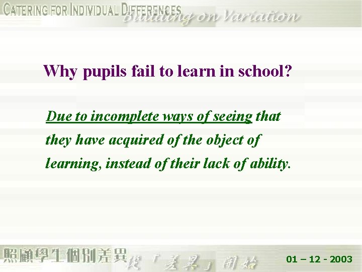 Why pupils fail to learn in school? Due to incomplete ways of seeing that
