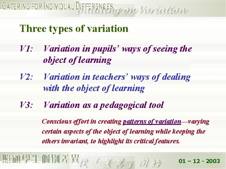 Three types of variation V 1: Variation in pupils’ ways of seeing the object