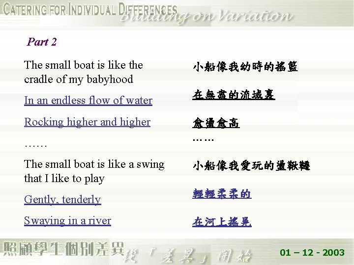 Part 2 The small boat is like the cradle of my babyhood 小船像我幼時的搖籃 In
