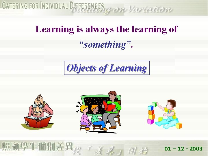 Learning is always the learning of “something”. Objects of Learning 01 – 12 -