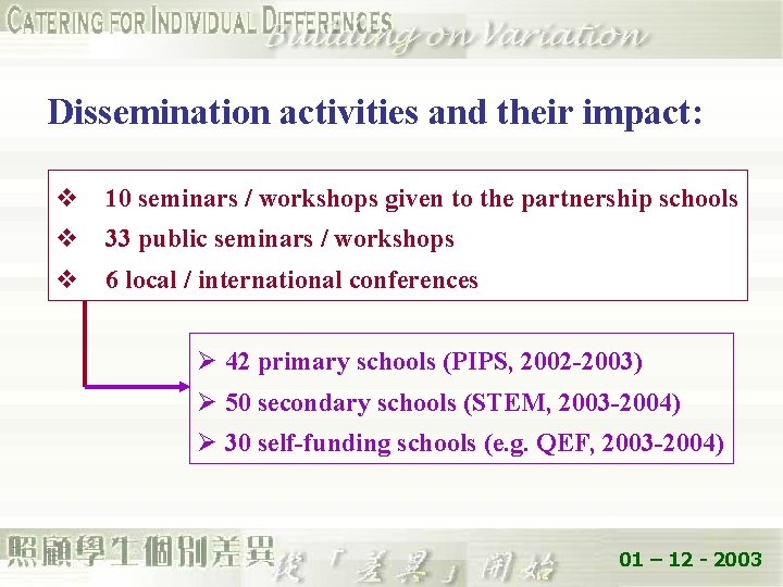 Dissemination activities and their impact: v 10 seminars / workshops given to the partnership