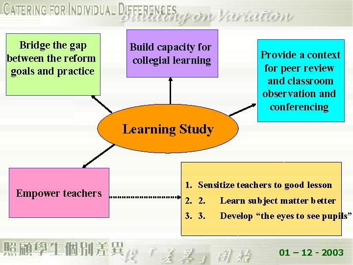 Bridge the gap between the reform goals and practice Build capacity for collegial learning