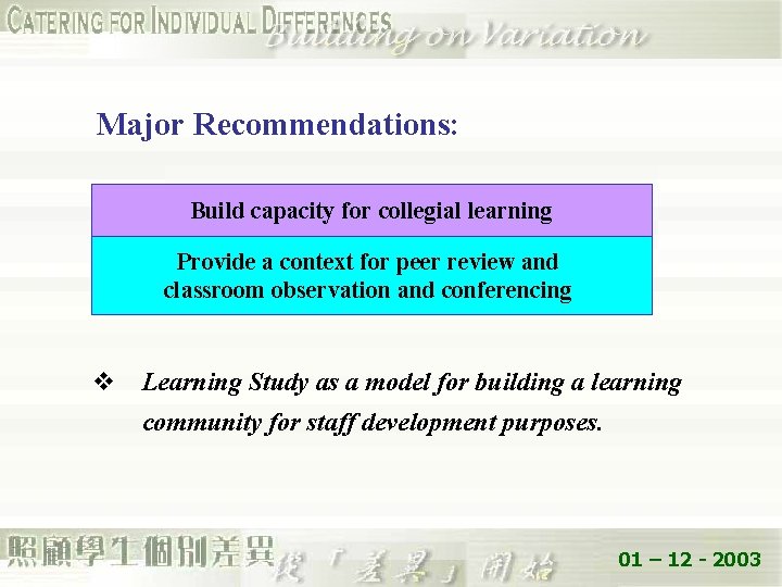 Major Recommendations: Build capacity for collegial learning Provide a context for peer review and