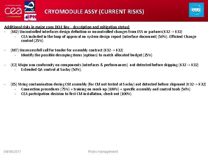 CRYOMODULE ASSY (CURRENT RISKS) Additional risks in major zone (K 32 line - description