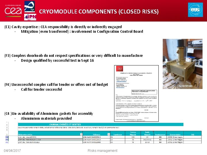 CRYOMODULE COMPONENTS (CLOSED RISKS) (E 1) Cavity expertise : CEA responsibility is directly or