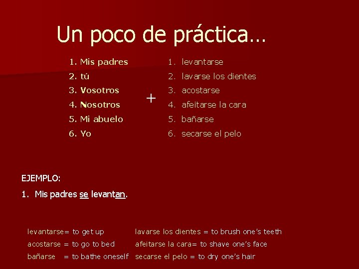 Un poco de práctica… 1. Mis padres 1. levantarse 2. tú 2. lavarse los