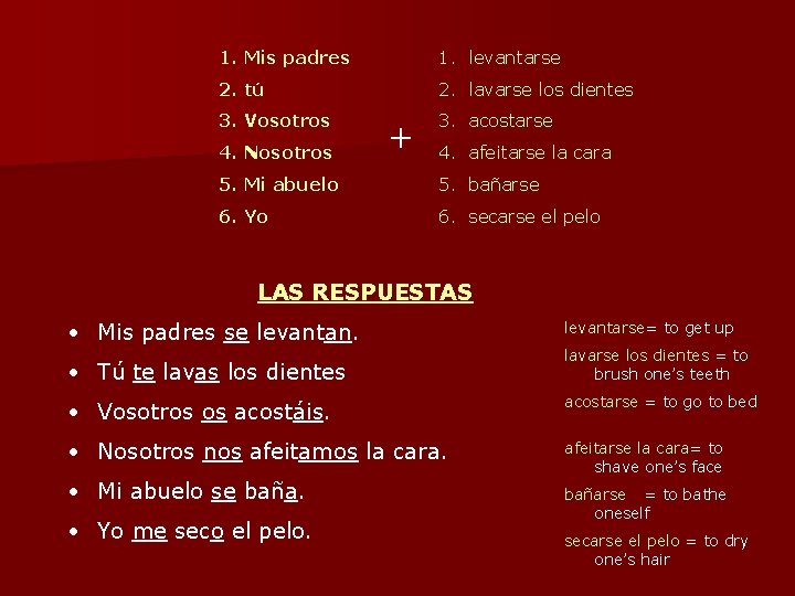 1. Mis padres 1. levantarse 2. tú 2. lavarse los dientes 3. Vosotros 3.