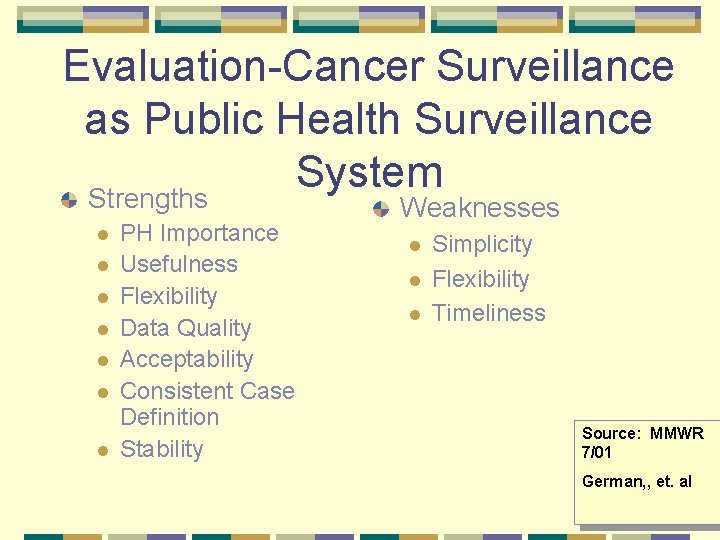 Evaluation-Cancer Surveillance as Public Health Surveillance System Strengths l l l l PH Importance