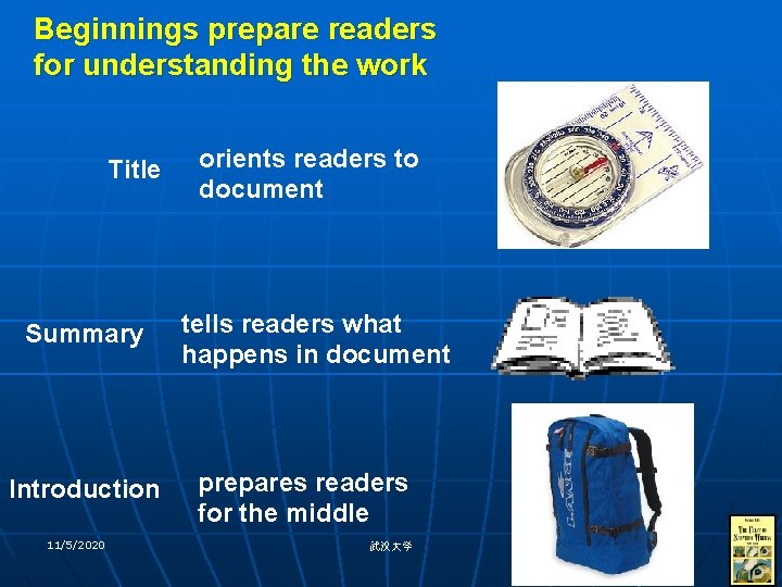 Beginnings prepare readers for understanding the work Title Summary Introduction 11/5/2020 orients readers to