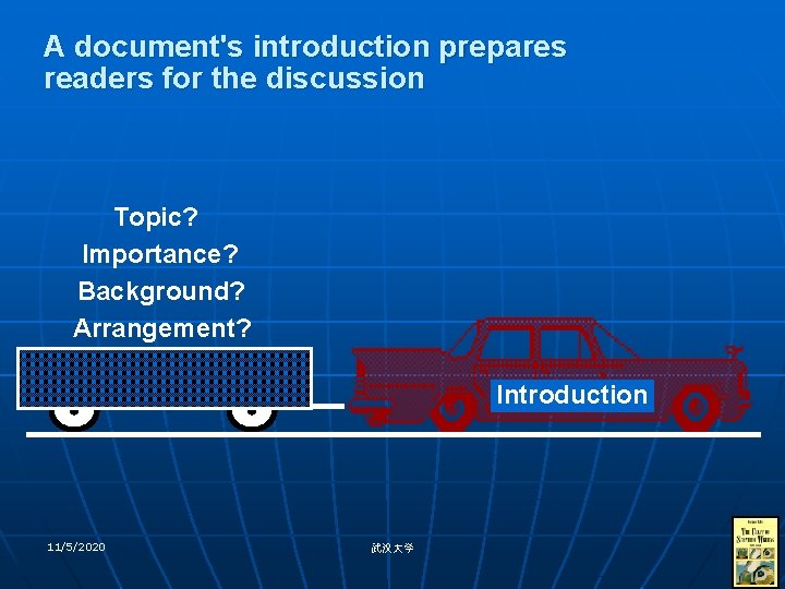 A document's introduction prepares readers for the discussion Topic? Importance? Background? Arrangement? Introduction 11/5/2020