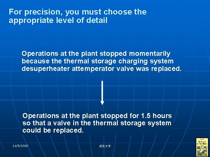 For precision, you must choose the appropriate level of detail Operations at the plant