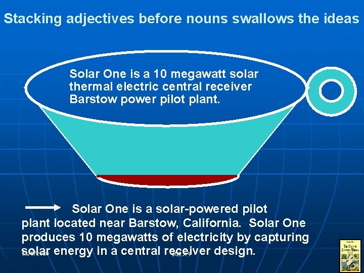 Stacking adjectives before nouns swallows the ideas Solar One is a 10 megawatt solar