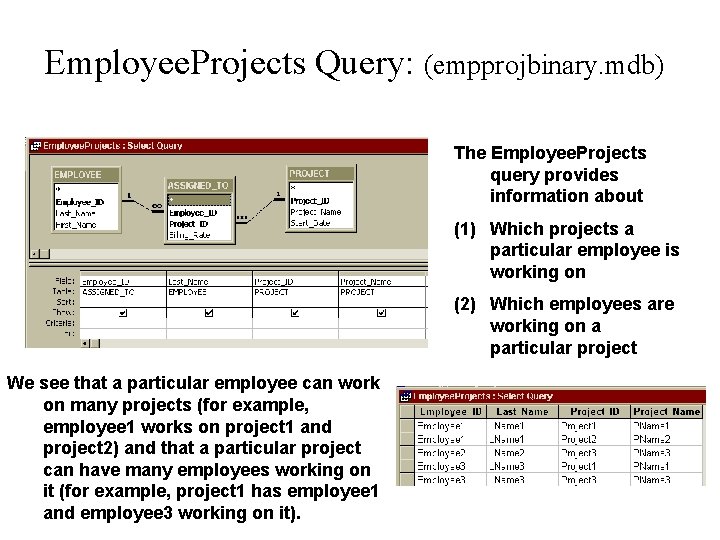 Employee. Projects Query: (empprojbinary. mdb) The Employee. Projects query provides information about (1) Which