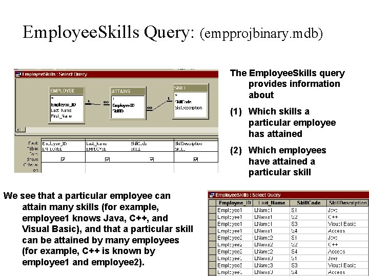 Employee. Skills Query: (empprojbinary. mdb) The Employee. Skills query provides information about (1) Which