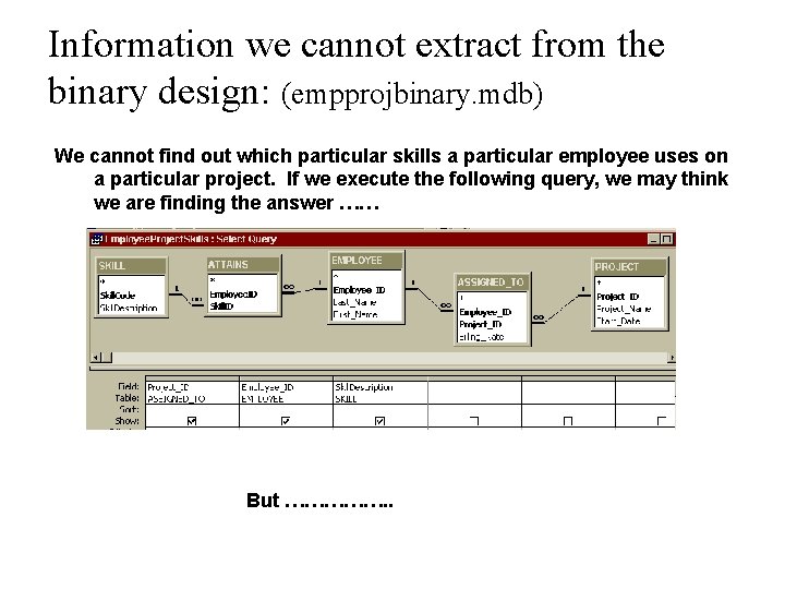 Information we cannot extract from the binary design: (empprojbinary. mdb) We cannot find out