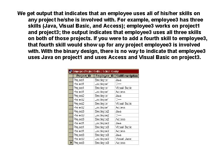 We get output that indicates that an employee uses all of his/her skills on