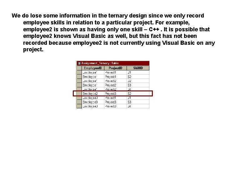 We do lose some information in the ternary design since we only record employee We do lose some information in the ternary design since we only record employee