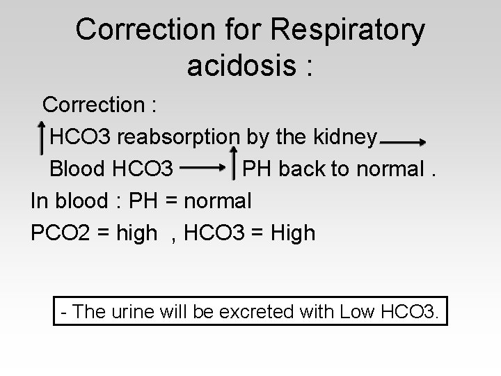 Correction for Respiratory acidosis : Correction : HCO 3 reabsorption by the kidney Blood