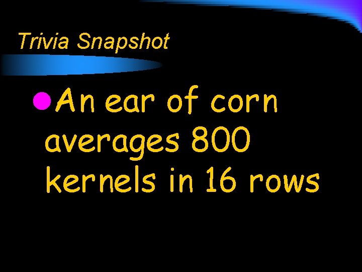 Trivia Snapshot l. An ear of corn averages 800 kernels in 16 rows 