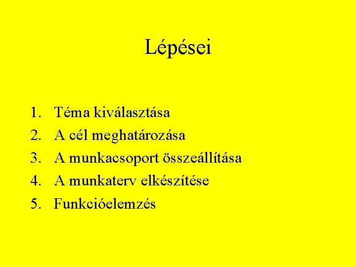 Lépései 1. 2. 3. 4. 5. Téma kiválasztása A cél meghatározása A munkacsoport összeállítása