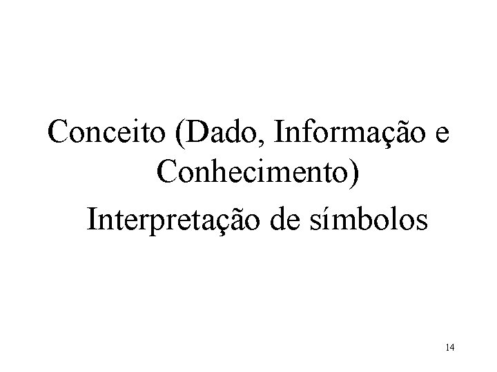 Conceito (Dado, Informação e Conhecimento) Interpretação de símbolos 14 