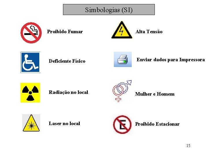 Simbologias (SI) Proibido Fumar Deficiente Físico Alta Tensão Enviar dados para Impressora Radiação no