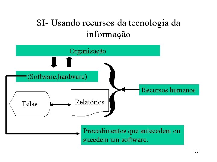 SI- Usando recursos da tecnologia da informação Organização (Software, hardware) Telas } Recursos humanos