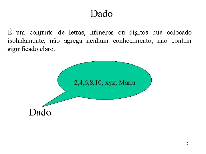 Dado É um conjunto de letras, números ou dígitos que colocado isoladamente, não agrega