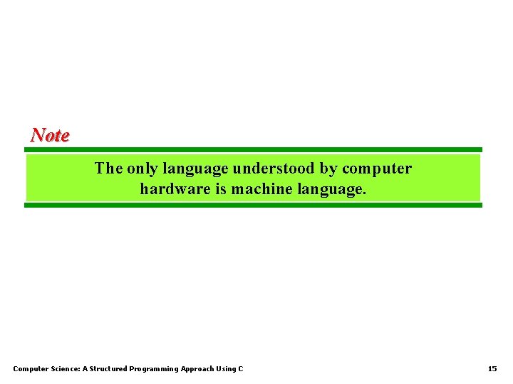 Note The only language understood by computer hardware is machine language. Computer Science: A