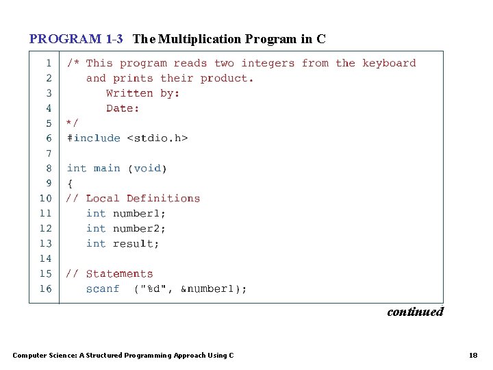 PROGRAM 1 -3 The Multiplication Program in C continued Computer Science: A Structured Programming