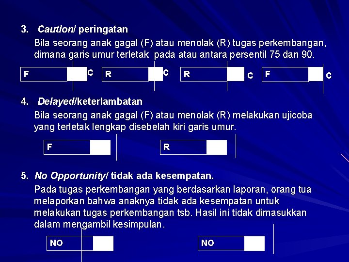 3. Caution/ peringatan Bila seorang anak gagal (F) atau menolak (R) tugas perkembangan, dimana