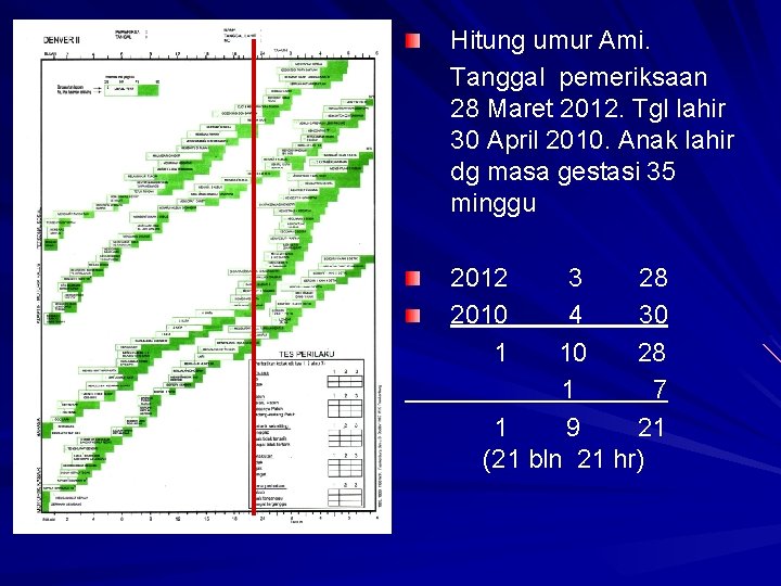 Hitung umur Ami. Tanggal pemeriksaan 28 Maret 2012. Tgl lahir 30 April 2010. Anak