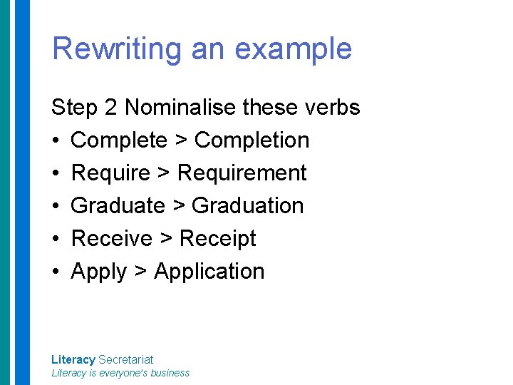Rewriting an example Step 2 Nominalise these verbs • Complete > Completion • Require