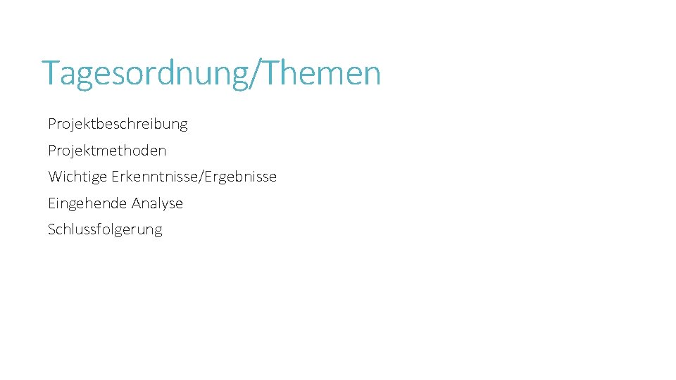 Tagesordnung/Themen Projektbeschreibung Projektmethoden Wichtige Erkenntnisse/Ergebnisse Eingehende Analyse Schlussfolgerung 