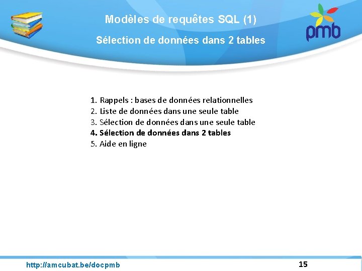 Modèles de requêtes SQL (1) Sélection de données dans 2 tables 1. Rappels :