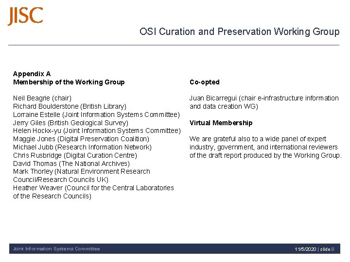 OSI Curation and Preservation Working Group Appendix A Membership of the Working Group Neil