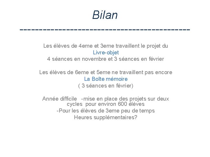 Bilan ----------------------Les élèves de 4 eme et 3 eme travaillent le projet du Livre-objet