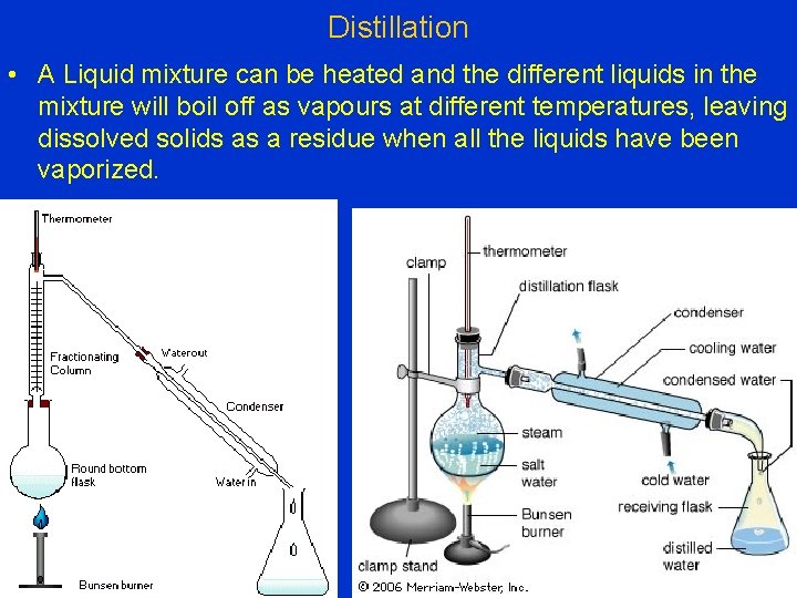 Distillation • A Liquid mixture can be heated and the different liquids in the