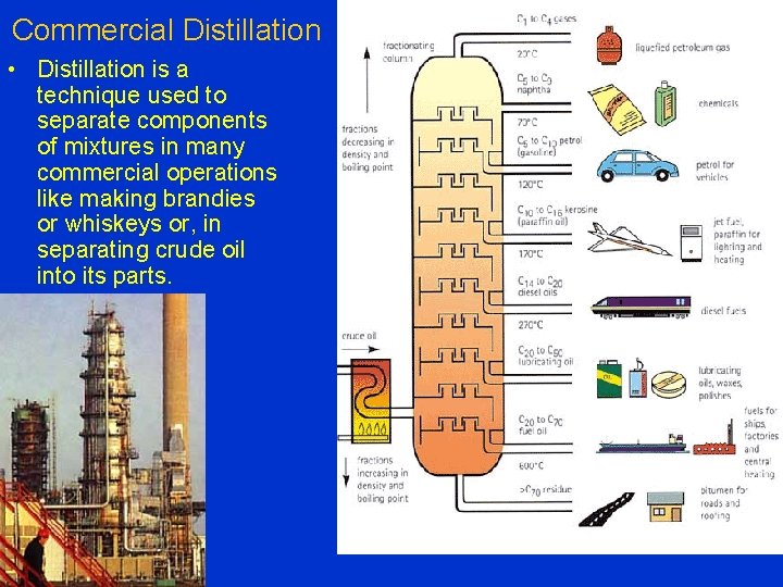 Commercial Distillation • Distillation is a technique used to separate components of mixtures in