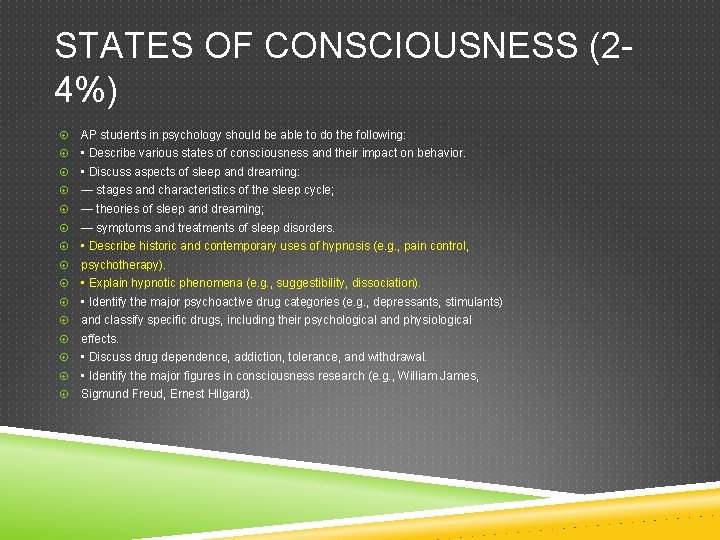 STATES OF CONSCIOUSNESS (24%) AP students in psychology should be able to do the