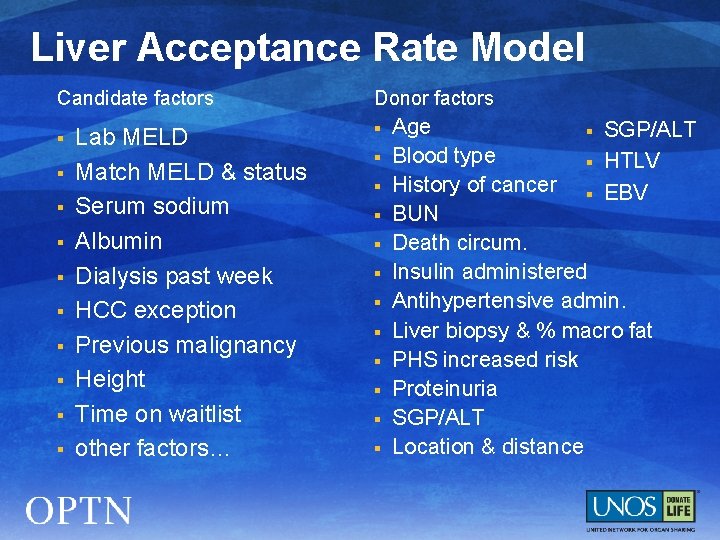 Liver Acceptance Rate Model Candidate factors § § § § § Lab MELD Match